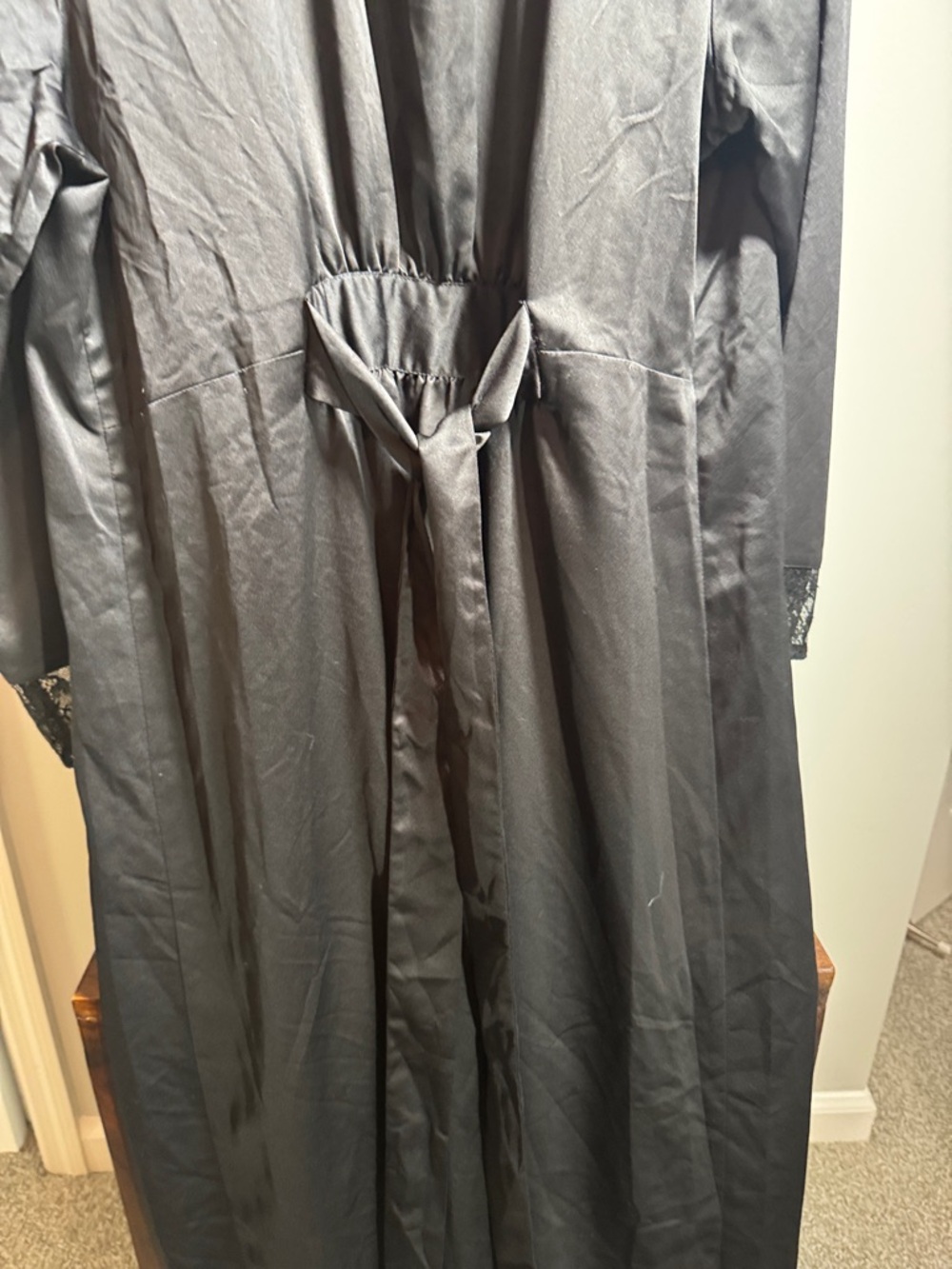 Women's Black Long Satin Feel Robe with Patch Pockets - Picture 4 of 10
